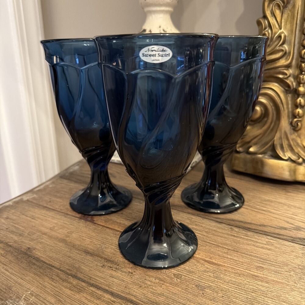 Noritake Cobalt Blue Sweet Swirl Goblets Set 3 7.25" Ice Tea Glasses